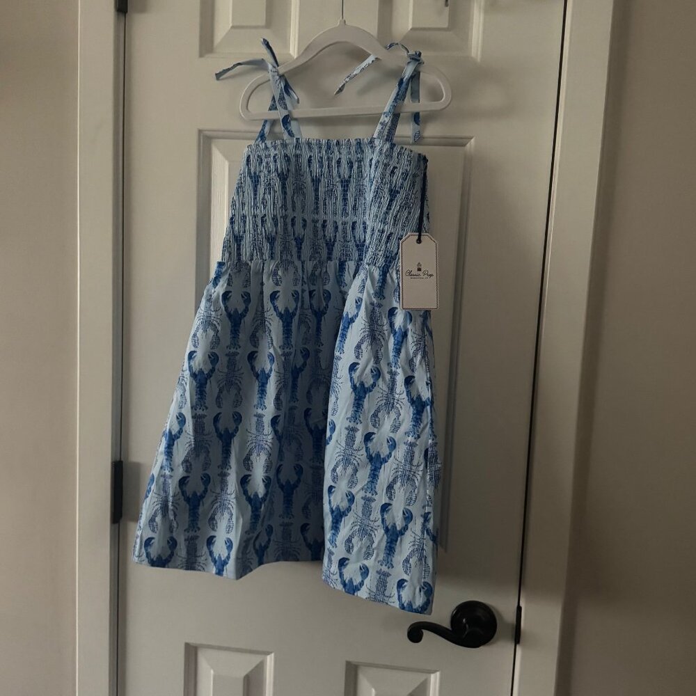 New Classic Prep Blue Hadley Dress Gingham Lobsters Print Smocked Dress Size 10
